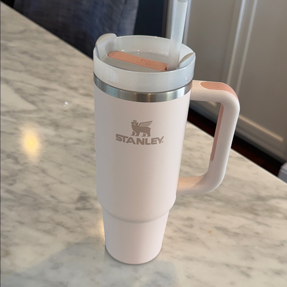 Stanley Pale Pink & White Insulated Tumbler with Handle and Straw